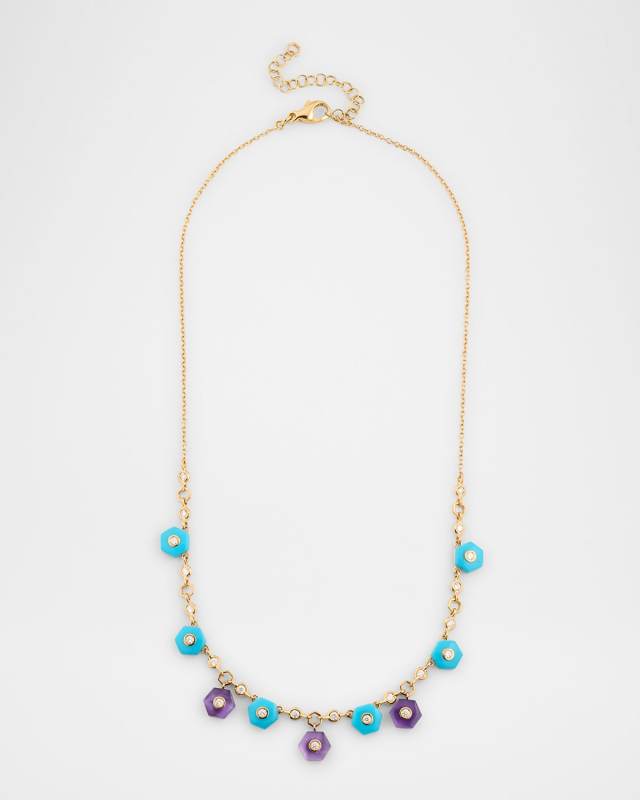 Baia Sommersa Necklace in 18K Yellow Gold with White Diamonds, Turquoise and Amethyst
